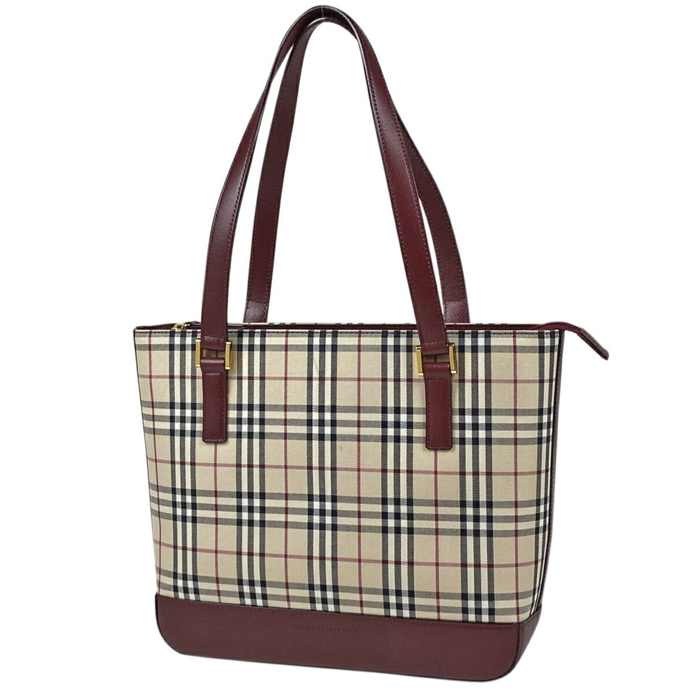 Burberry logo tote bag check handbag canvas beige Burgundy Red